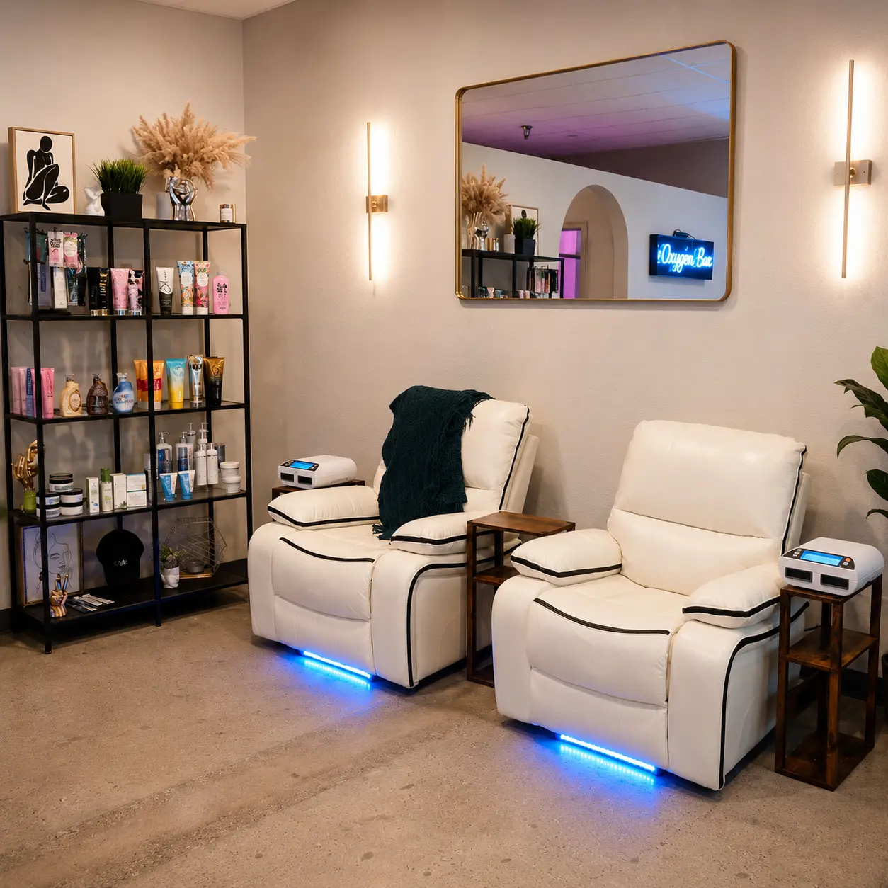 Relaxation lounge at Citrus & Sage Wellness Retreat featuring wellness chairs and Oxygen Bar area